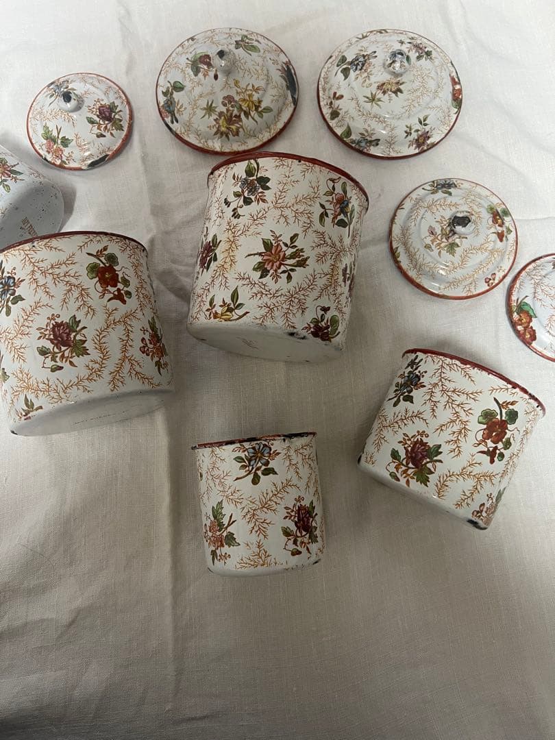 レア♡フランス　アンティーク　ホーロー　花柄　JAPY キャニスター　5個セット