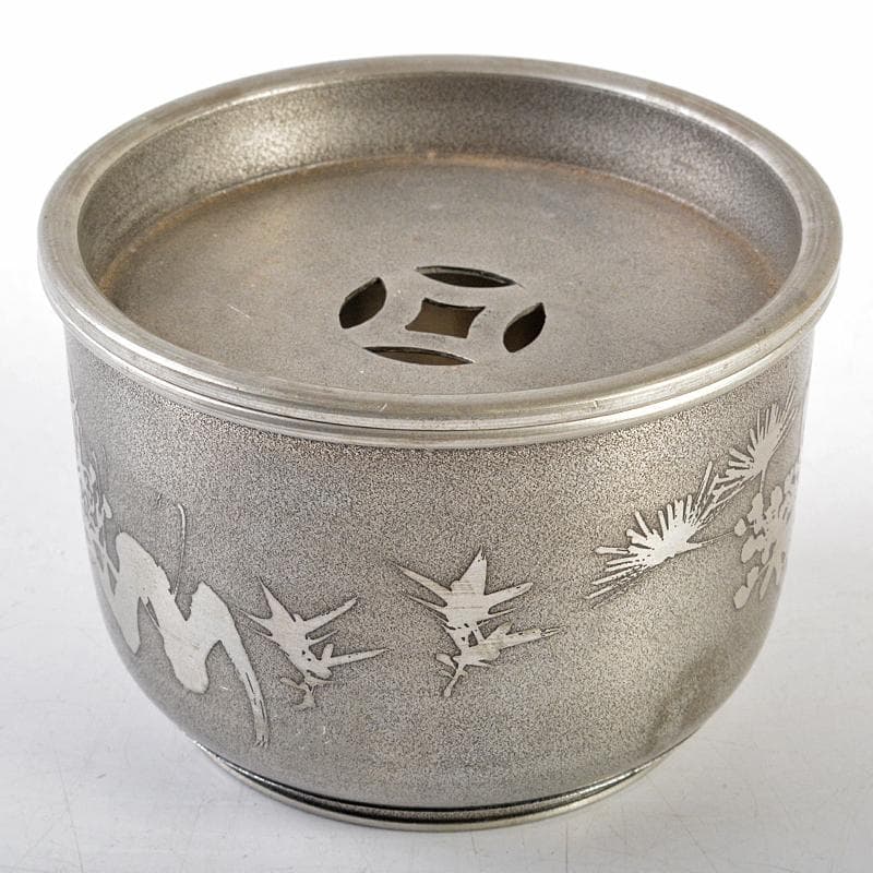 煎茶道具　林亭瑞製　錫製　四君子文　茶こぼし　約287g　時代箱　D　R5794
