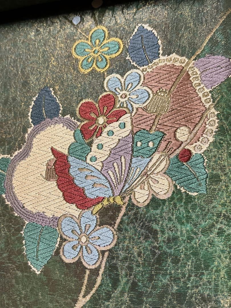 A13 美品　袋帯　唐織蝶花　グリーン　金通　逸品