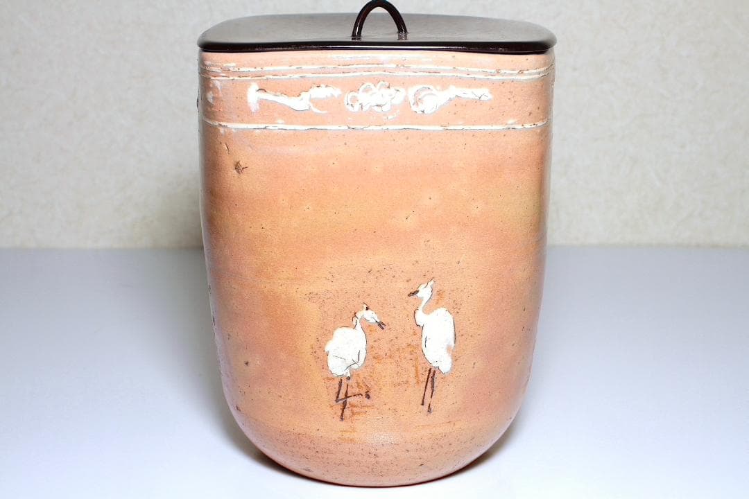 李朝時代 鶴文 桶形水指 [八代 乾山(山本如仙)識箱]