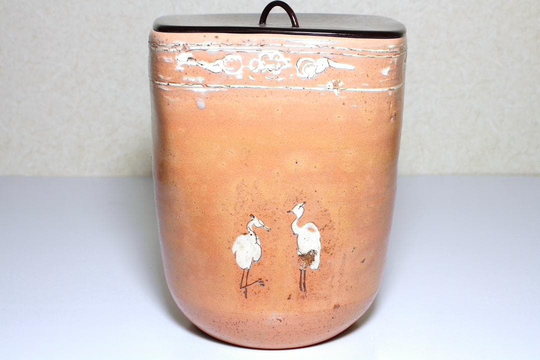 李朝時代 鶴文 桶形水指 [八代 乾山(山本如仙)識箱]