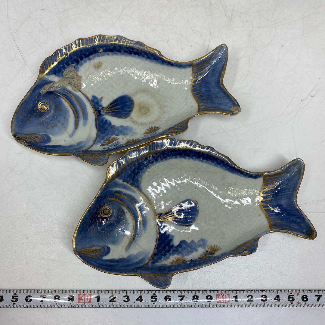 江戸中期　藍九谷　鯛の図皿　5客　トヒル　木箱付　東さ7-0809☆2F