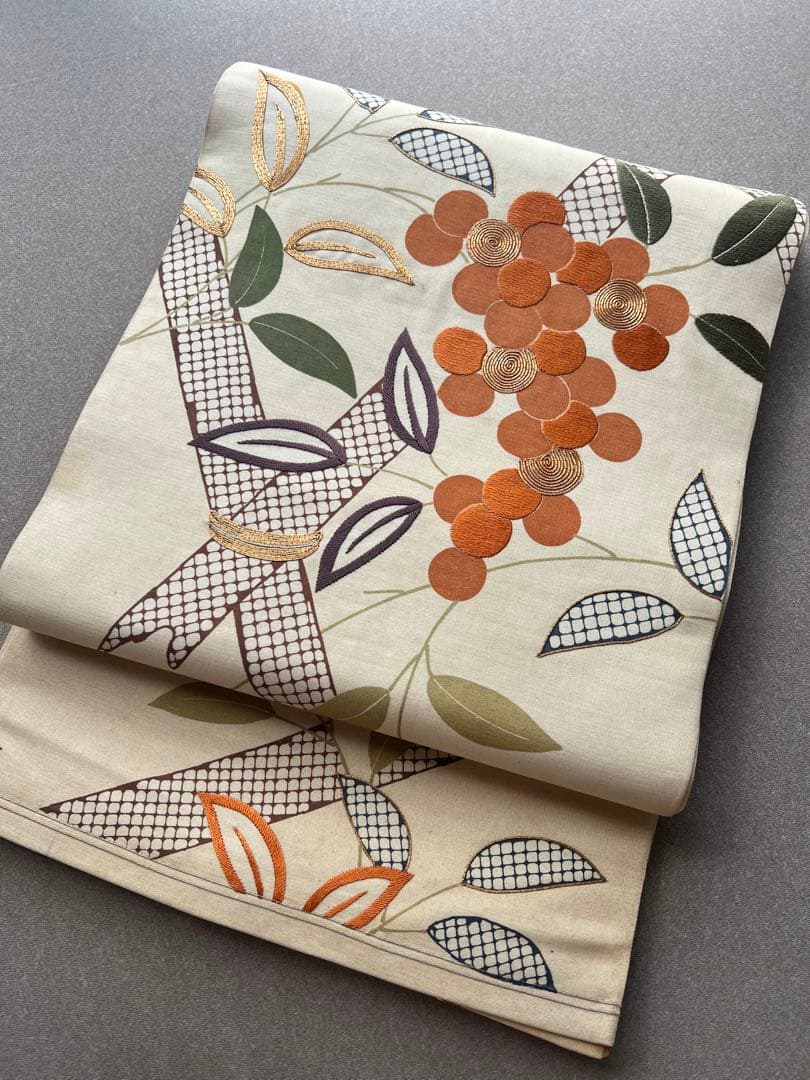 アンティーク帯　染め　南天　正絹