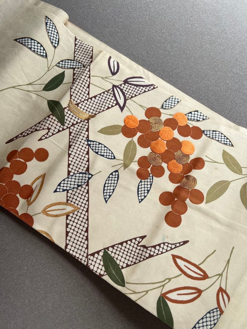 アンティーク帯　染め　南天　正絹