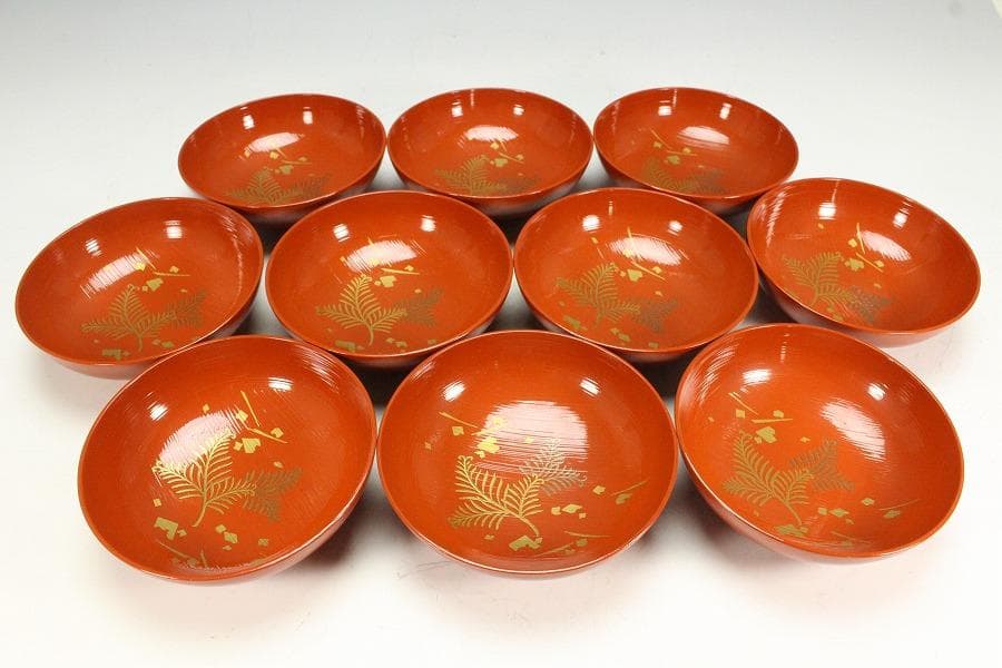 平安象彦製 朱塗刷毛目 蓋蒔絵 椀 十客 美品 共箱(K-A751)