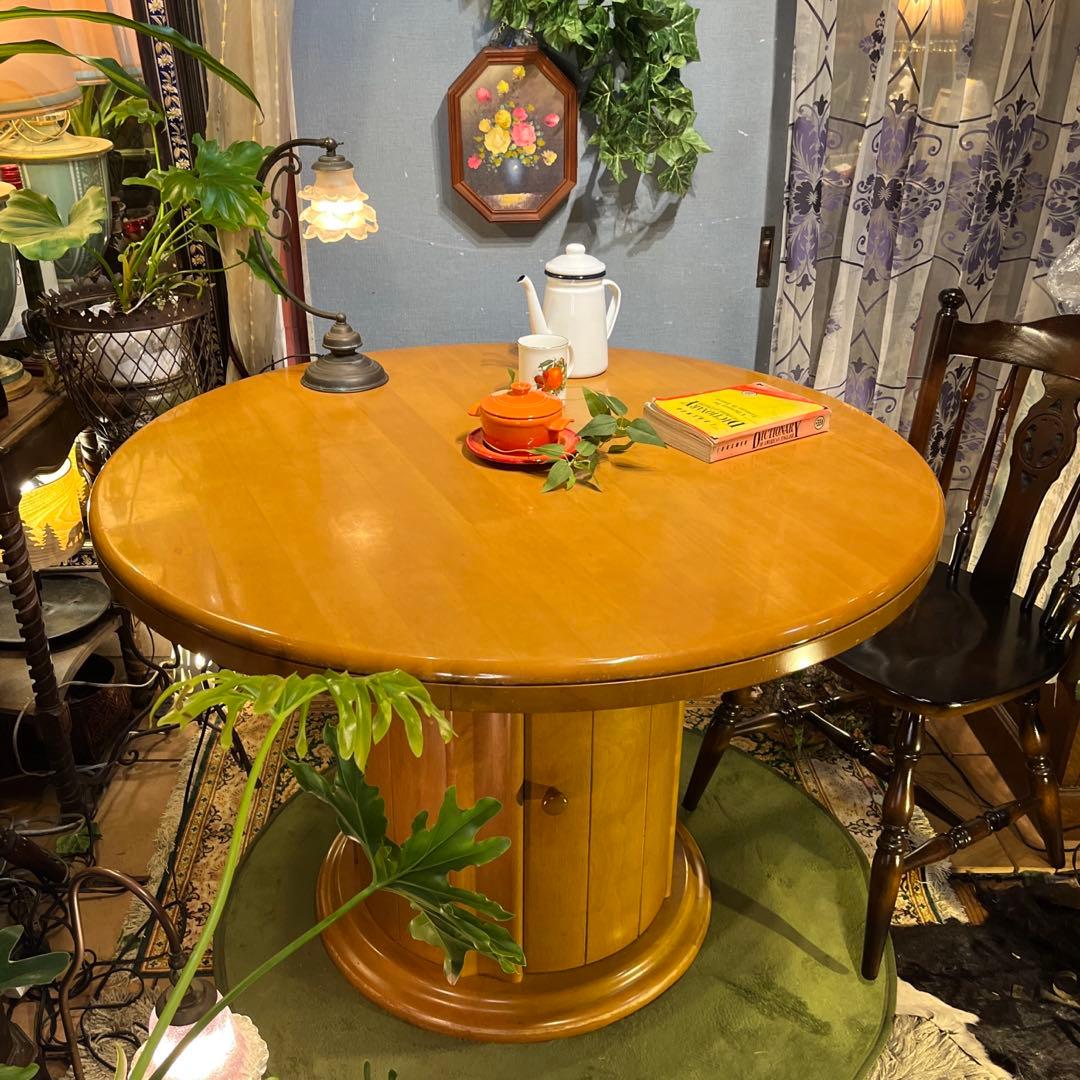 sale ラウンドテーブル　1０５　丸テーブル　無垢材仕上げ収納付き