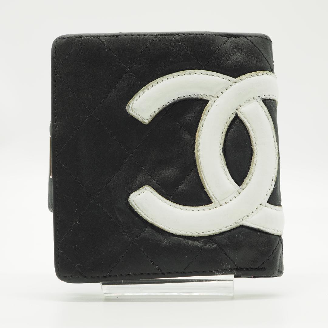 CHANEL シャネル カンボンライン 二つ折り財布 がま口 黒×ピンク