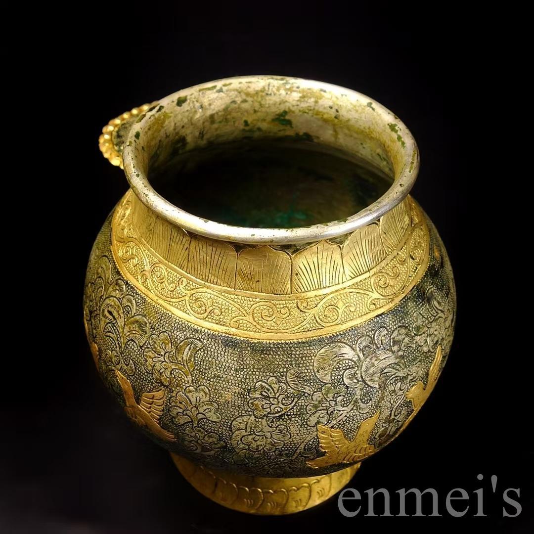 中国古美術 唐風 描金 純銅製 鏨刻罐 供物器 細密細工 置物 賞物 擺件 唐物