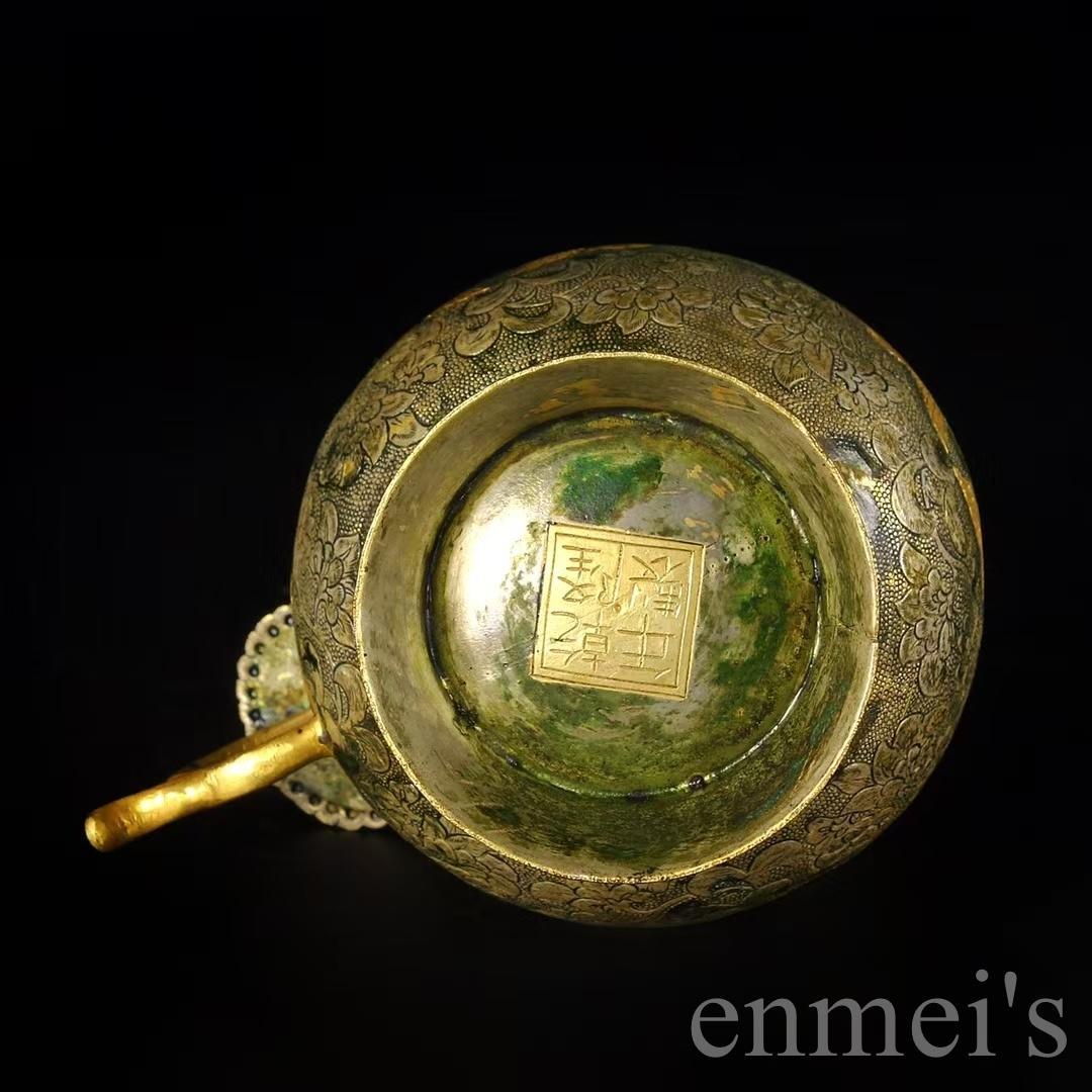 中国古美術 唐風 描金 純銅製 鏨刻罐 供物器 細密細工 置物 賞物 擺件 唐物