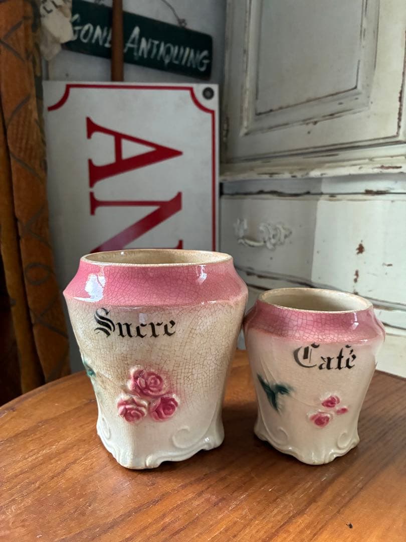 フランス　アンティーク　陶器　キャニスター　バルボティーヌ　ローズ　ピンクBレア