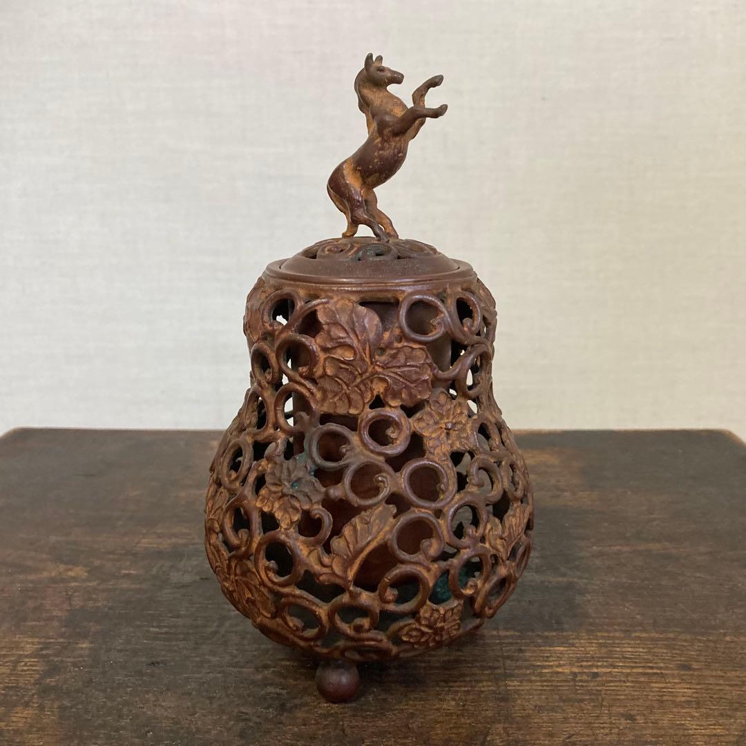 名取川雅司 高岡銅器 香炉 瓢箪 馬 干支 午 透し 置物 美術 工芸品 レトロ
