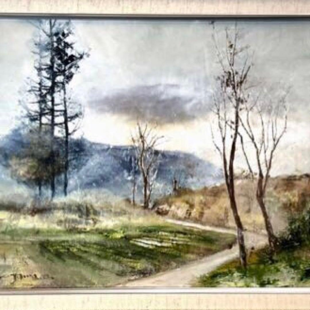 風景画 油彩画 木々と道