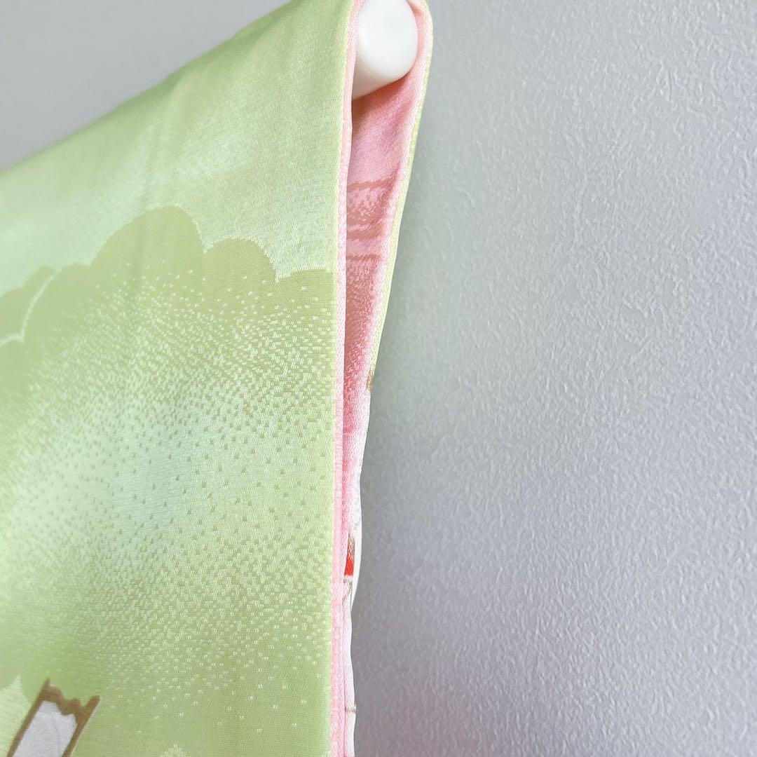 セット七五三7歳女の子長着＆袖なし長襦袢＆丸帯＆草履＆バッグ＆小物黄緑色金糸牡丹