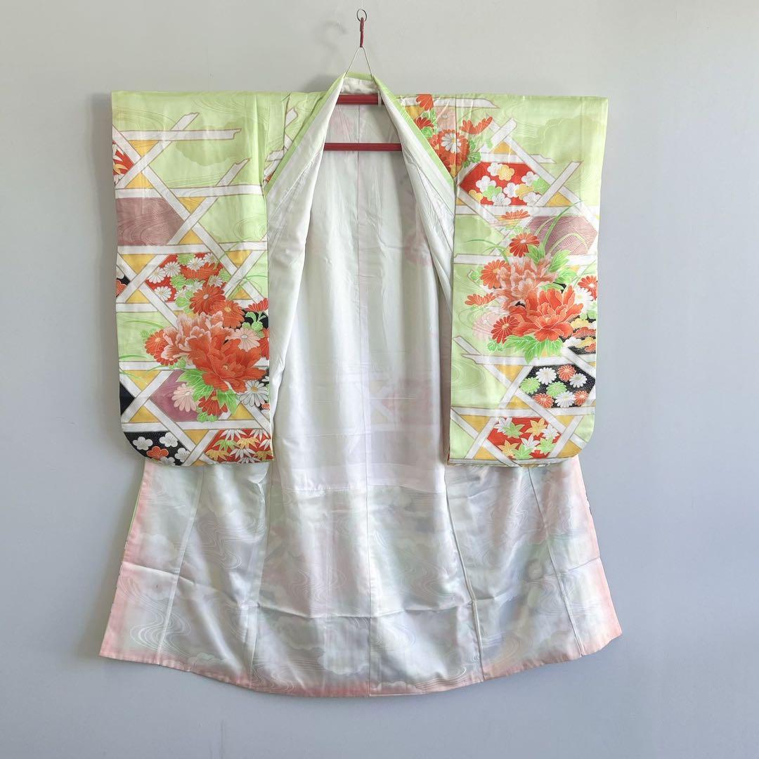 セット七五三7歳女の子長着＆袖なし長襦袢＆丸帯＆草履＆バッグ＆小物黄緑色金糸牡丹