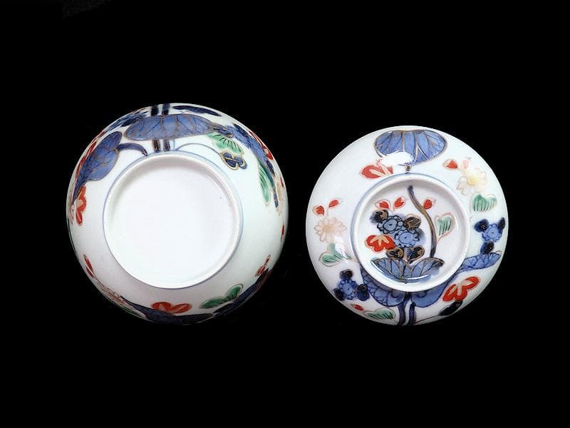 古伊万里　染錦　河骨紋の図　広東型　蓋茶碗　５客　C859AS-CEw