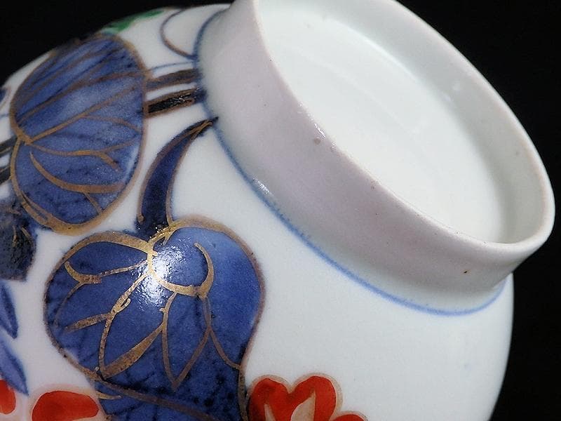 古伊万里　染錦　河骨紋の図　広東型　蓋茶碗　５客　C859AS-CEw