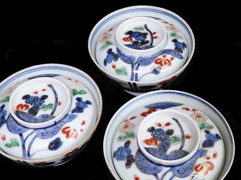 古伊万里　染錦　河骨紋の図　広東型　蓋茶碗　５客　C859AS-CEw