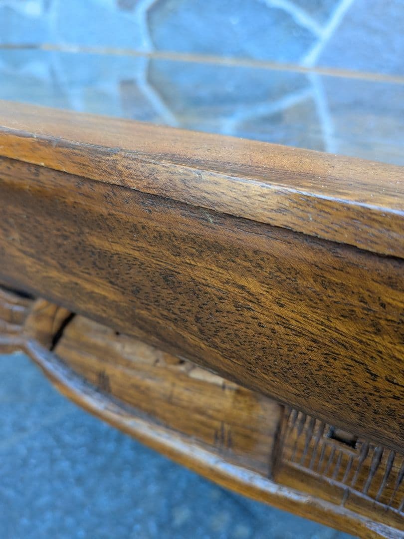 アジアンスタイル 木製彫刻テーブル ガラス天板付き