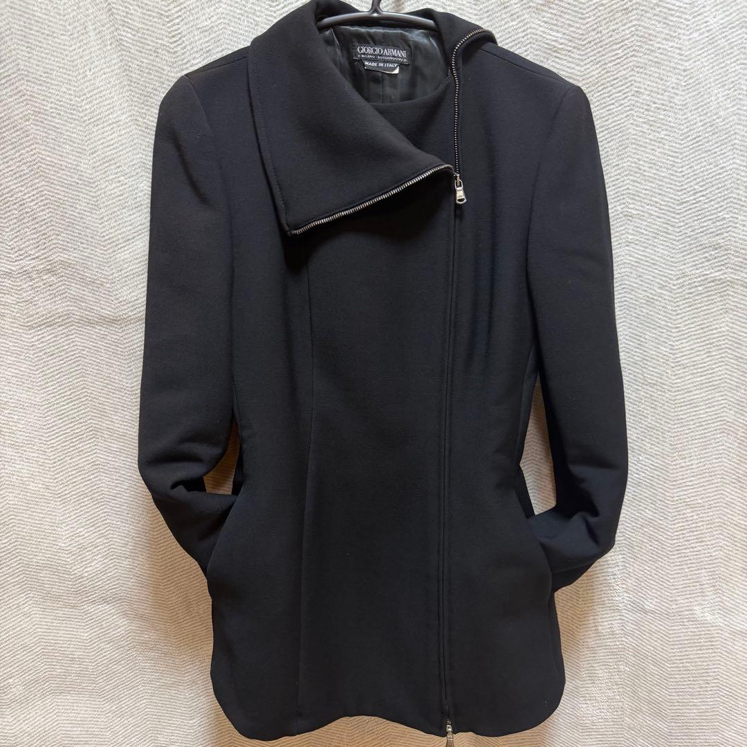 極美品ジョルジオアルマーニ 黒タグ ジップアップコート 2wayネック ブラック