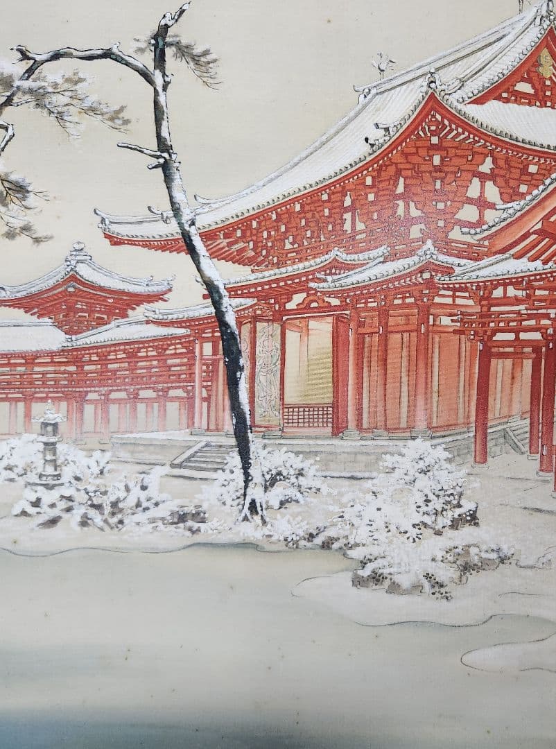 【鳳凰堂雪景図】井上黎明 992 宇治平等院　京都　共箱　掛け軸　肉筆