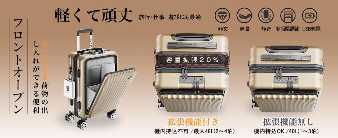New Trip スーツケース 拡張機能　48Ｌ フロントオープン　静音　USB