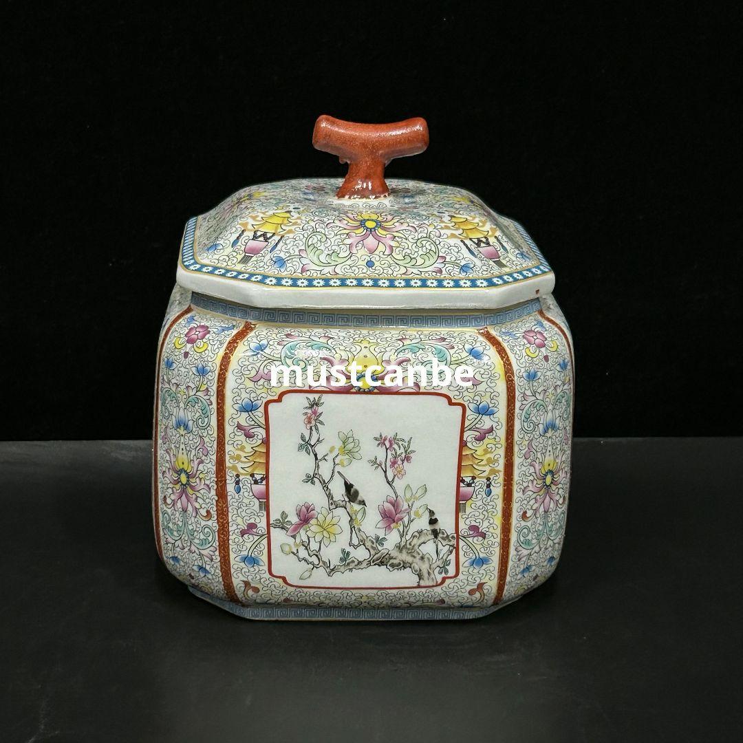 琺瑯花鳥蓋缶 景徳鎮 陶磁器 装飾品 現代工芸品 美術品 置物