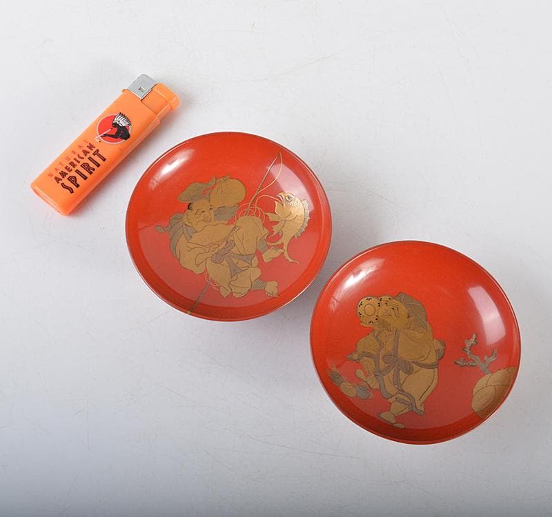 輪島塗　朱塗　金蒔絵　恵比寿天　大黒天　酒盃　一對　時　V R4501