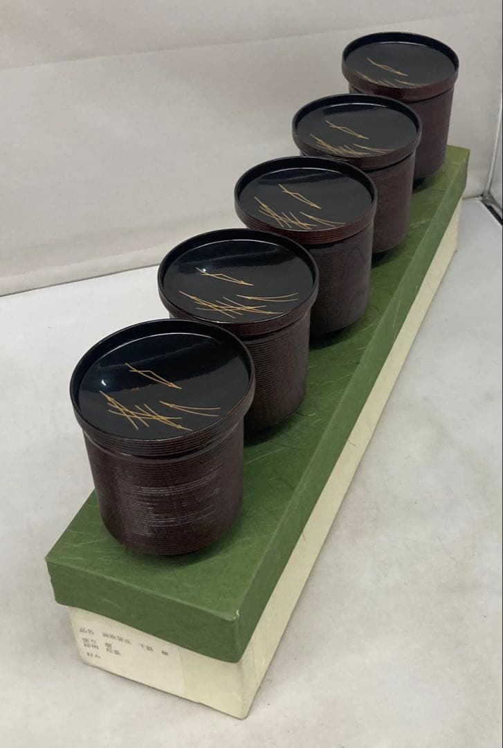 B518b「松葉図 面取千筋欅 箸洗 5客」溜塗　椀　茶道具　懐石道具