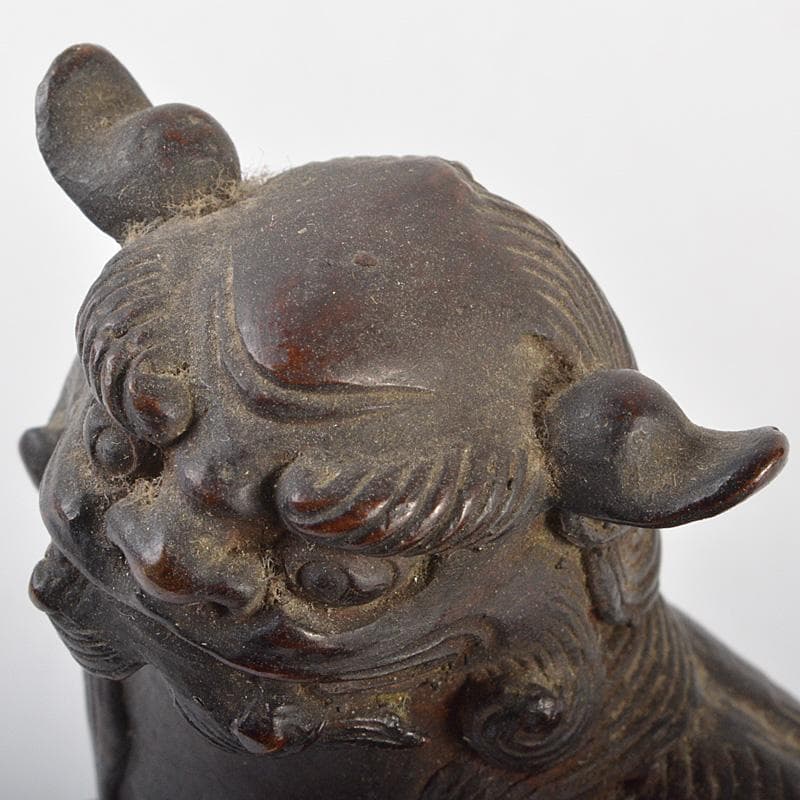 中国　古銅宣徳銅　玉乗り獅子　親子　鈴　置物　M　R7409