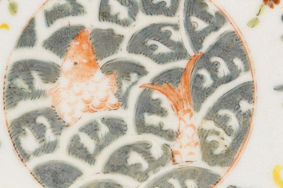 中国美術 色絵 魚紋 盤 φ18cm 光緒年製款 旧家蔵出