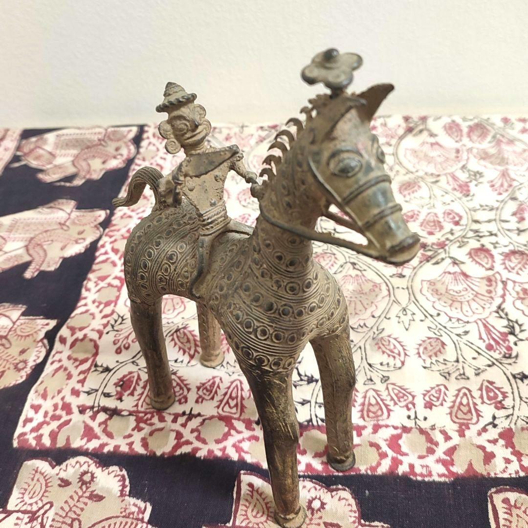 【アンティーク】インドの鋳造工芸品✨馬に乗る兵士のブロンズ像