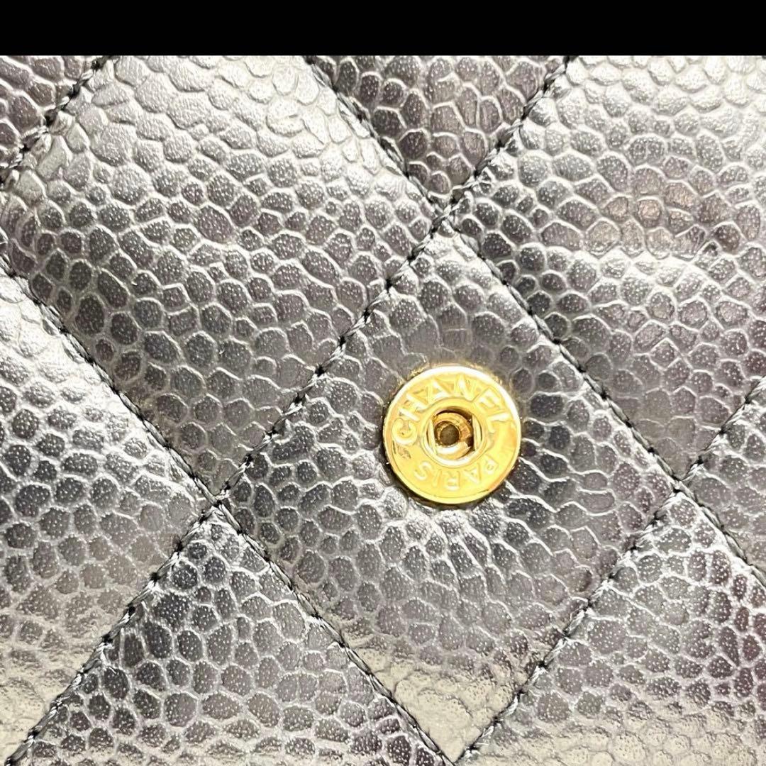 極美品　シャネル　マトラッセ　キャビアスキン　三つ折り財布　黒