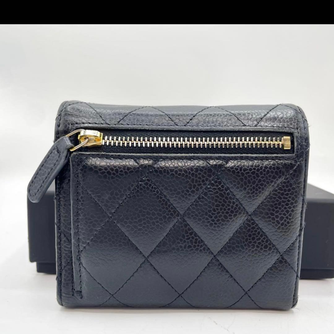 極美品　シャネル　マトラッセ　キャビアスキン　三つ折り財布　黒