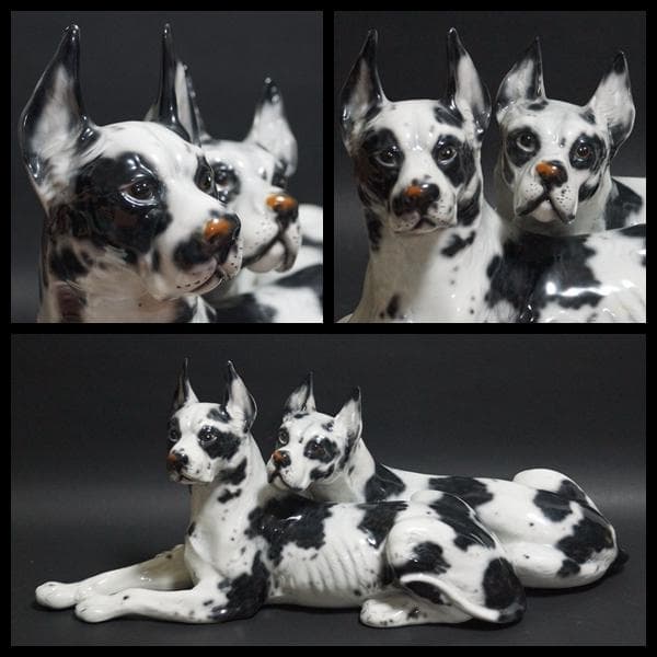 イタリア製Ceramiche Ronzan大型可愛らしい2匹グレート デーン置物