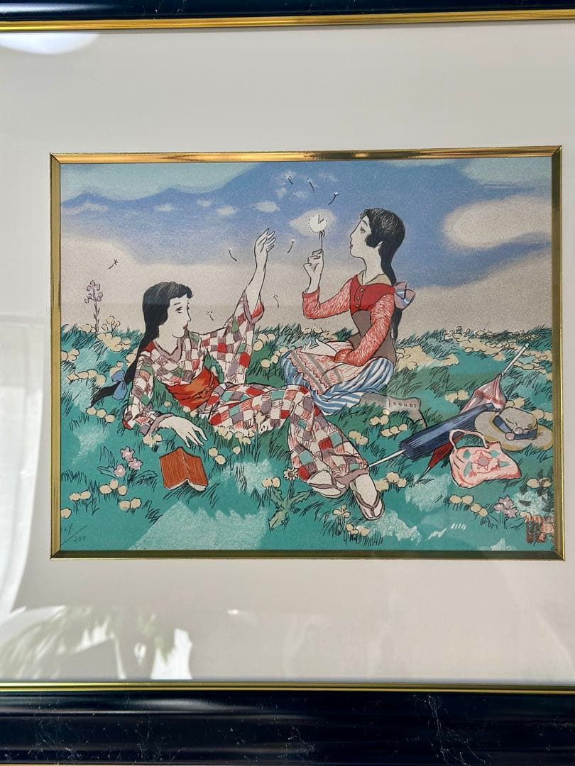 竹久夢二　タンポポの丘　リトグラフ　版画124/200 箱付き