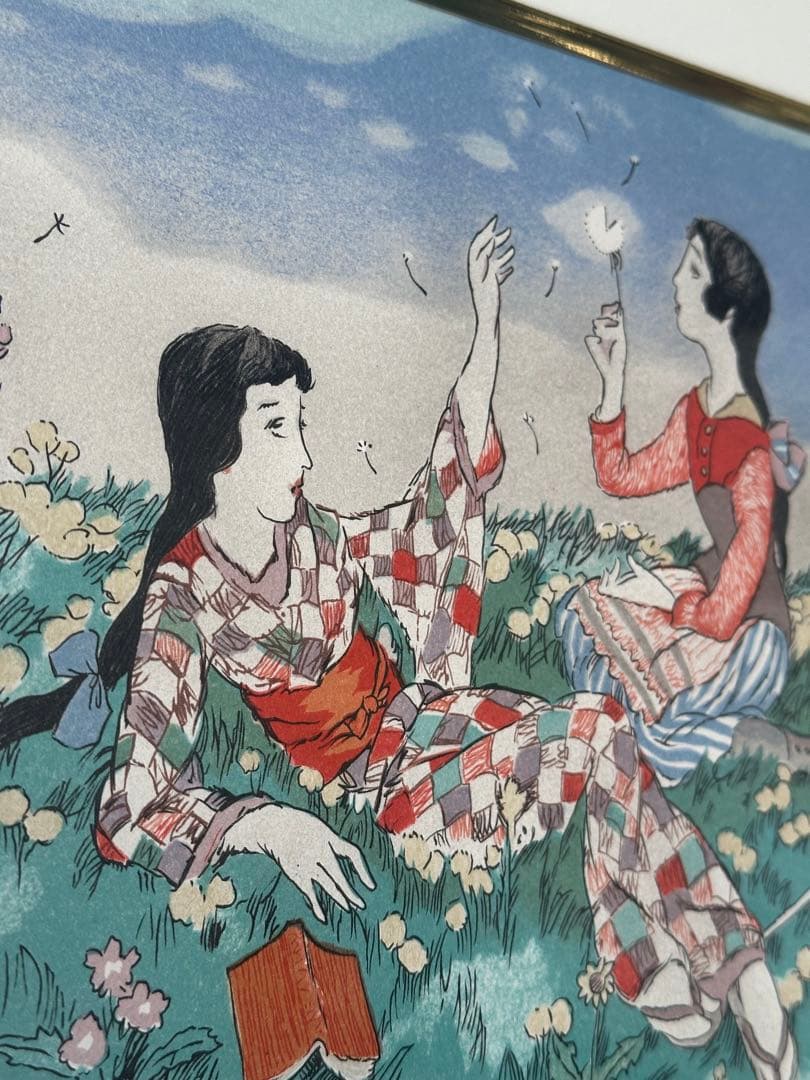 竹久夢二　タンポポの丘　リトグラフ　版画124/200 箱付き