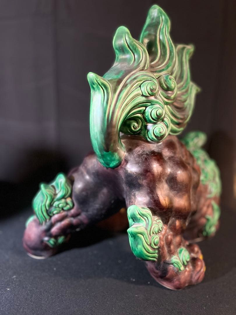 はやみ玉乗り獅子 糠川清章作　九谷焼 魔除け 縁起物 狛犬 剣 置物 緑