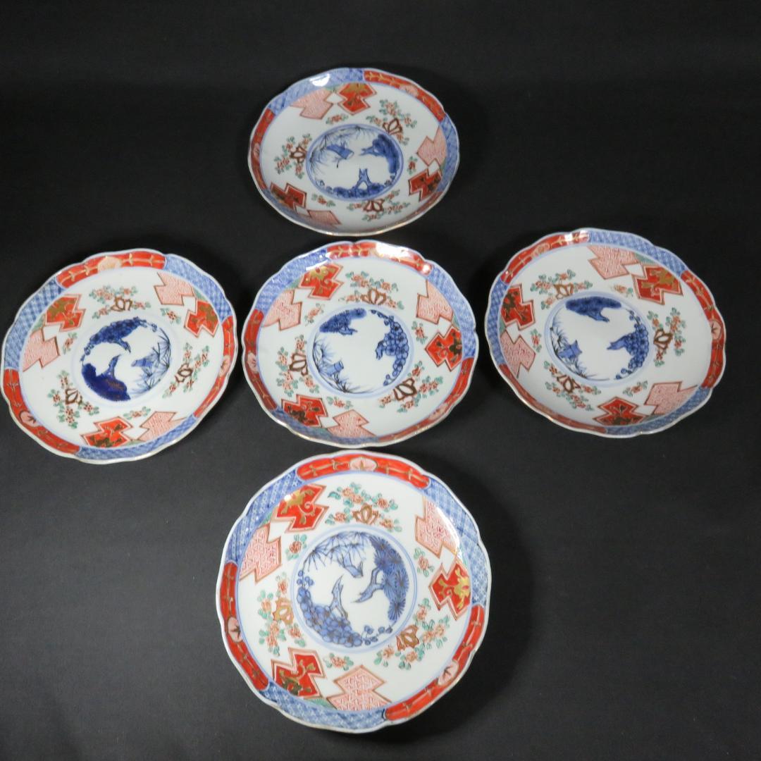 中皿 5枚 金彩 色絵付 歪み 窯傷 松竹梅 花文様 唐草 江戸 明治