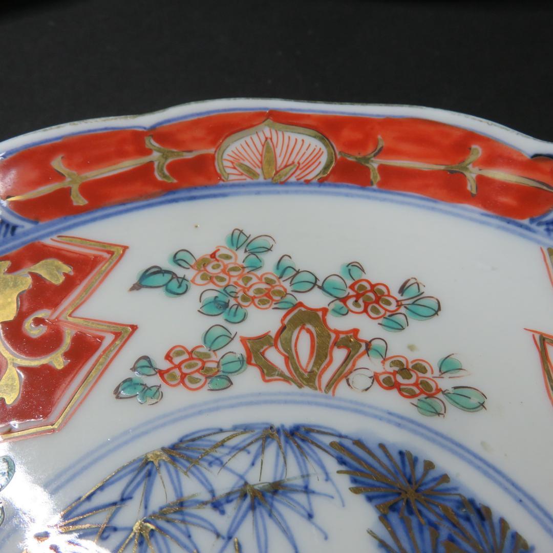 中皿 5枚 金彩 色絵付 歪み 窯傷 松竹梅 花文様 唐草 江戸 明治