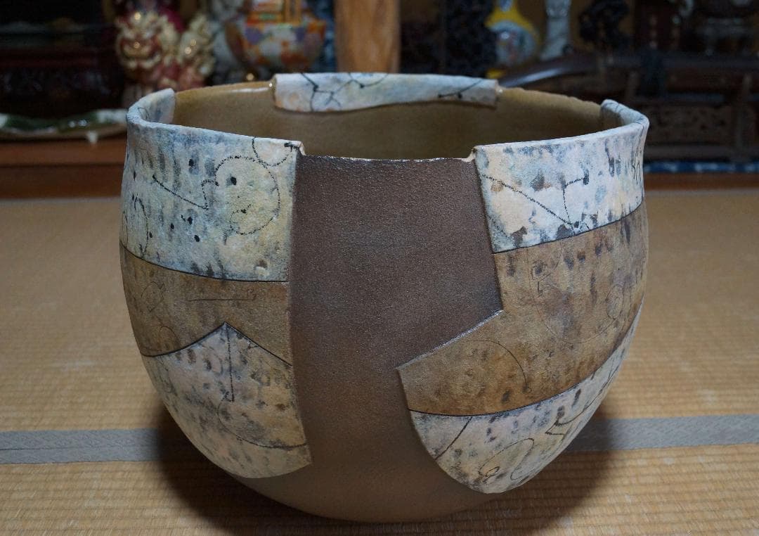 現代陶芸家 人見啓一造 大型造形彩泥深鉢『海底探険』彩泥象嵌 共箱 90年代作品