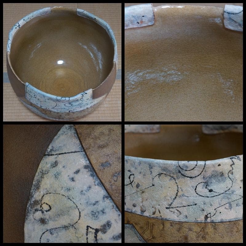 現代陶芸家 人見啓一造 大型造形彩泥深鉢『海底探険』彩泥象嵌 共箱 90年代作品