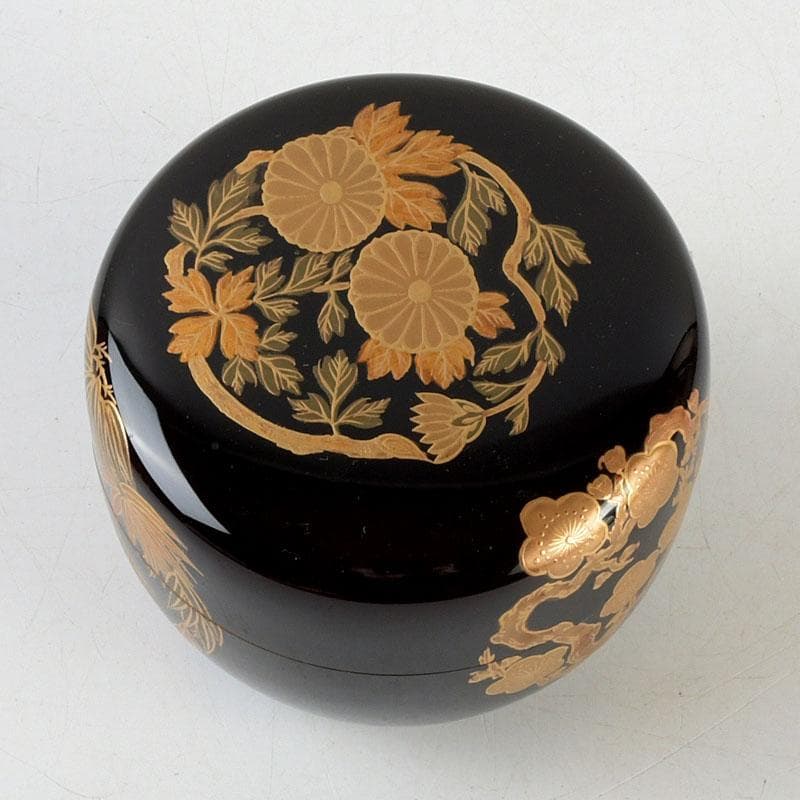 茶道具　塗匠　哲山作　花丸菊花蒔絵　平大棗　共箱　V　9354