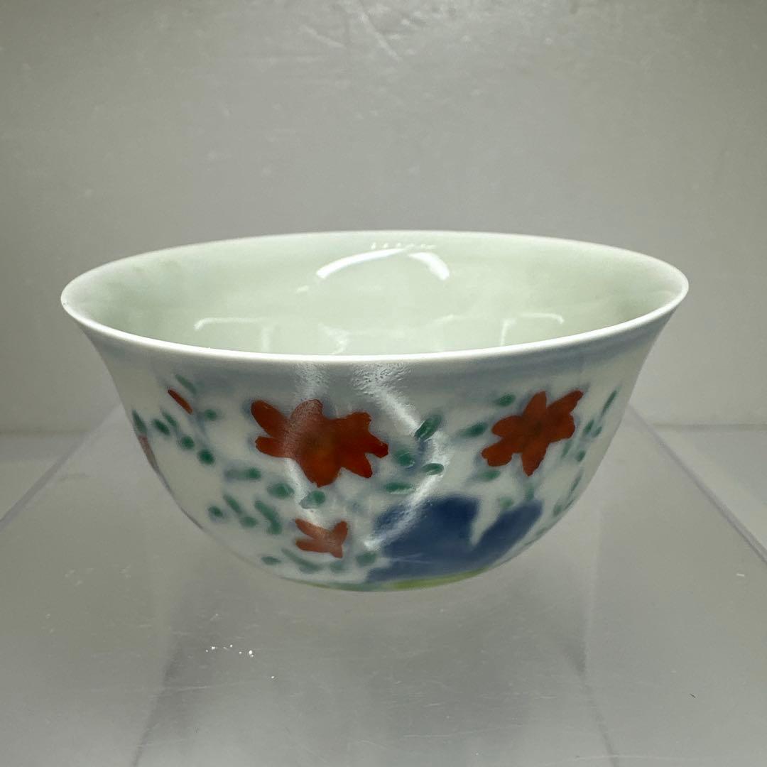 中国古玩　大明成化年製　豆彩チキンカップ　口径8.2㎝　東さ7-0411①