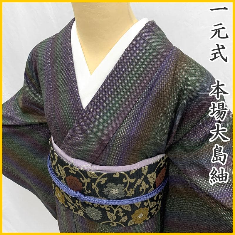 509mt59〇一元式 本場大島紬 7マルキ 縞 菱繋ぎ 紫 緑 水色〇美品