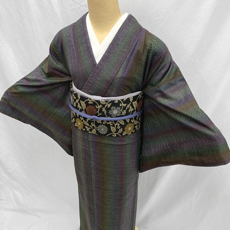 509mt59〇一元式 本場大島紬 7マルキ 縞 菱繋ぎ 紫 緑 水色〇美品