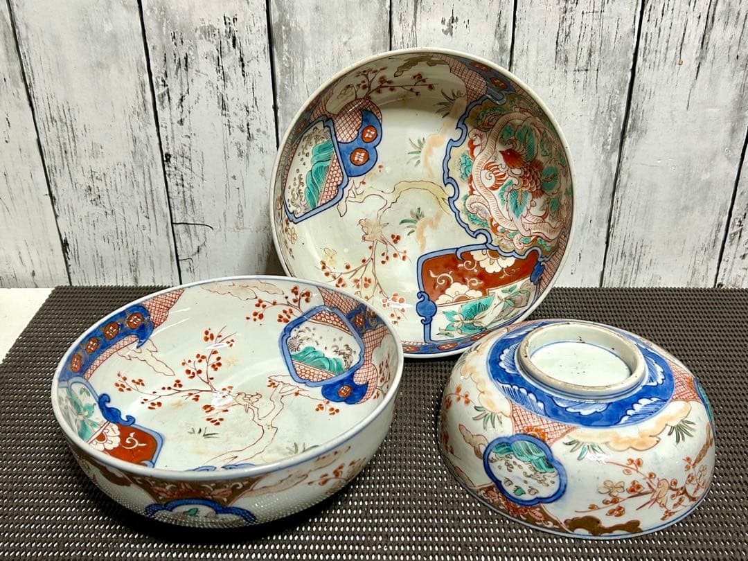 古伊万里　上手物　三重鉢　花鳥図　龍　縁起物　金彩色絵　江戸〜明治期時代物/骨董