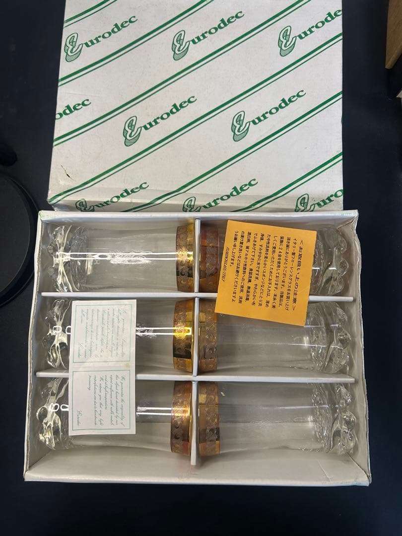 イタリア製の24K金彩グラス 6客　旧家蔵出し、縁起物、金運、開運