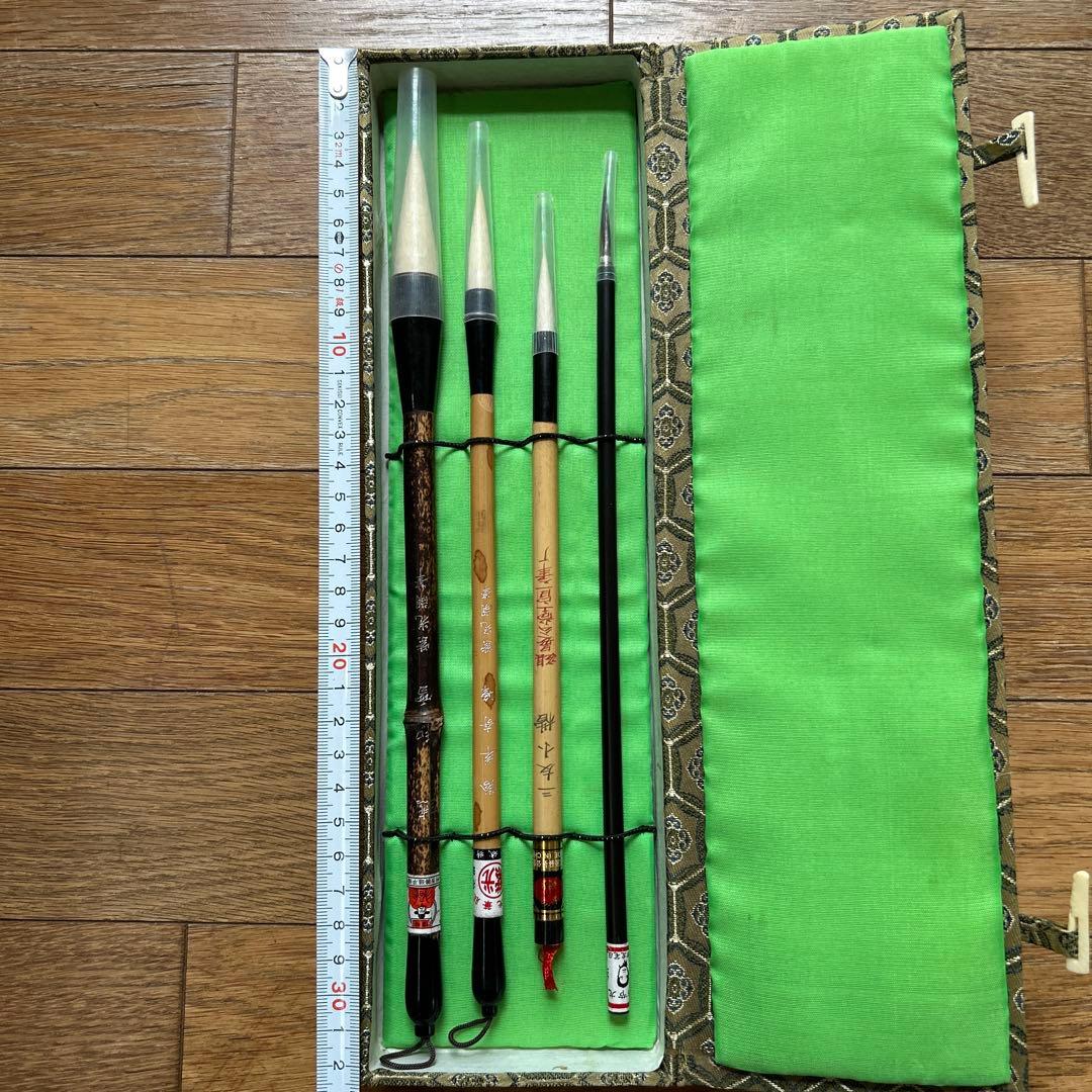 最高級書道、水墨画名品【中国文房精製貢品名筆4本組】高級天然竹使用高級化粧箱付