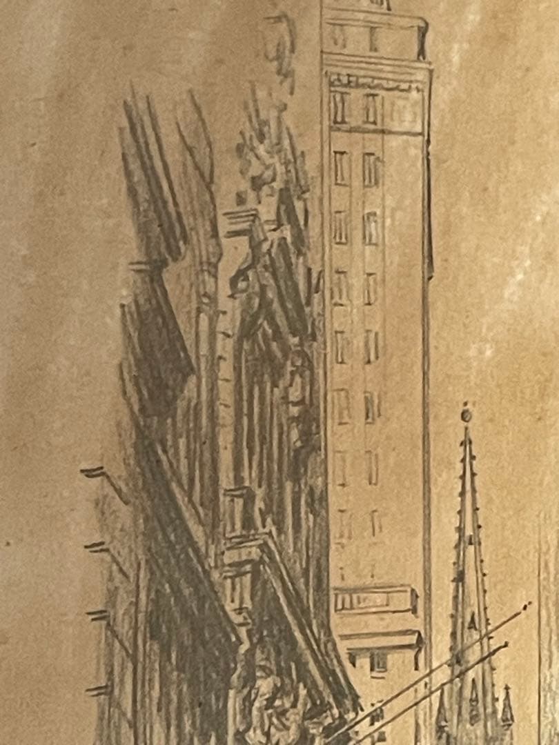 茶*様 50s ビンテージ額装ウォール街NY手書きアート 鉛筆画 作家物ブロカン