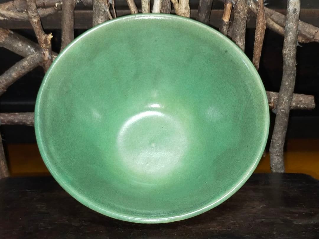 ♥茶碗　緑釉　無銘　桐箱付き　茶道具　骨董　古玩